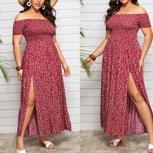Plus floral print off shoulder slit thigh dress